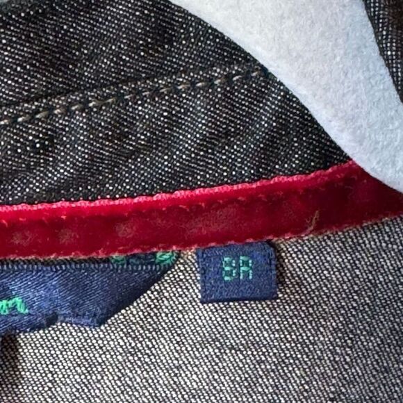 Boden Denim Shirt Dress in Black Wash Red Velvet Trim Half Button Front 8R - Picture 5 of 13